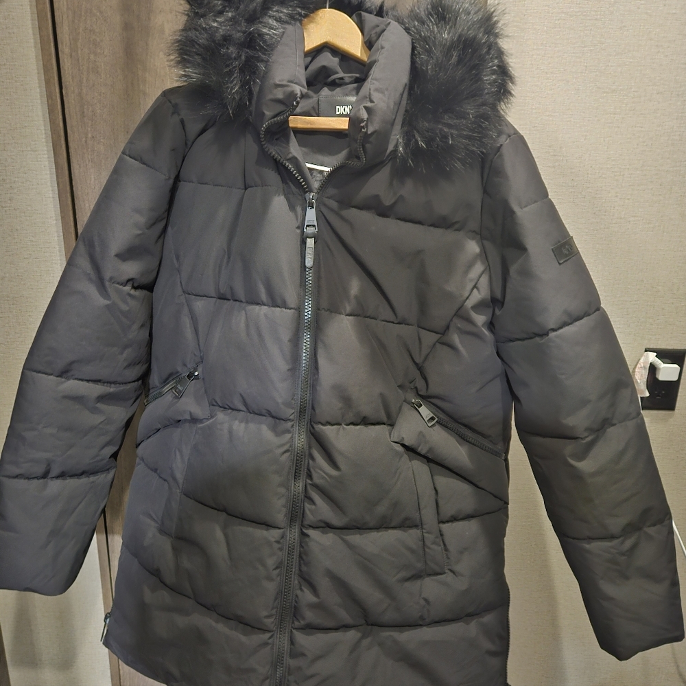DKNY WOMEN'S  LONG PUFFER WINTER COAT JACKET DETACHABLE HOOD BLACK SIZE XXL